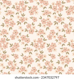 Seamless floral pattern, liberty ditsy print with tiny hand drawn plants. Romantic botanical design, delicate ornament: spring meadow, small flowers, tiny on a white field. Vector illustration.