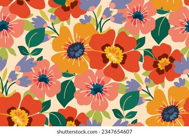 Seamless floral pattern, liberty ditsy print with colorful summer meadow. Bright botanical background, cute flower design: large hand drawn daisies, small flowers, leaves on field. Vector illustration