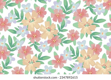 Seamless floral pattern, liberty ditsy print with pretty watercolor plants. Cute gentle botanical design: hand drawn small flowers, green leaves, foliage on light white background. Vector illustration