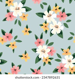 Seamless floral pattern, liberty ditsy print with delicate flower bouquets. Cute botanical design, spring background: small hand drawn flowers, tiny leaves on a blue field. Vector illustration.