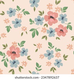 Seamless floral pattern, liberty ditsy print of pretty tiny daisies. Romantic botanical design, delicate background: small hand drawn flowers, leaves, simple bouquets on pink. Vector illustration.