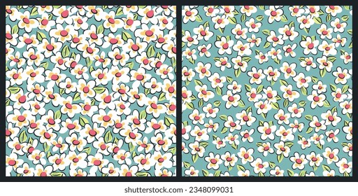 Seamless floral pattern, liberty ditsy print with small cute daisy flowers in collection. Vector illustration.