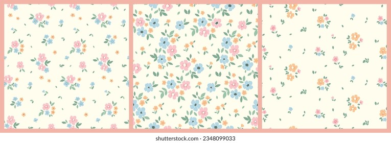 Seamless floral pattern, liberty ditsy print with cute small daisy flowers on a white background. Flower design collection, vector illustration.