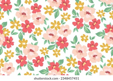 Patrón floral sin foco, huella marcadamente de libertad de colorido prado de verano, campo. Diseño botánico bonito: plantas simples, flores dibujadas a mano, hojas diminutas sobre un fondo blanco. Ilustración vectorial.