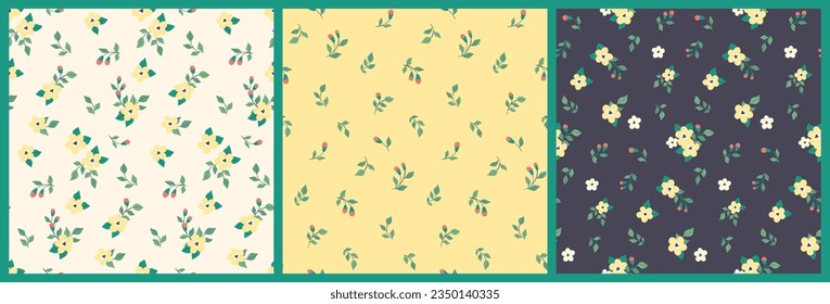 Seamless floral pattern, liberty ditsy print with cute small plants in the set. Pretty botanical design, natural background: tiny hand drawn yellow flowers, leaves in an abstract composition. Vector.