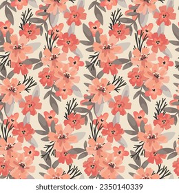 Seamless floral pattern, liberty ditsy print with delicate watercolor botany. Romantic botanical design, background: small hand drawn plants, pink flowers, leaves in bouquets. Vector illustration.