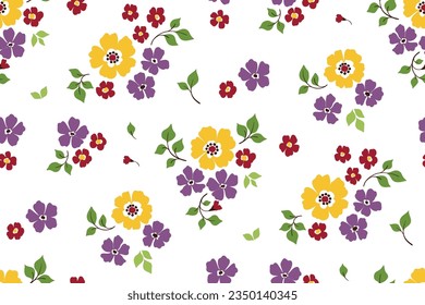 Nahtlose Blumenmuster, freier Gaumendruck mit Folkloremotiv. Cute botanische Gestaltung, bunter Verzierung: kleine handgezeichnete Blumen, winzige Blätter, hübsche Bouquets auf weißem Hintergrund. Vektorgrafik.