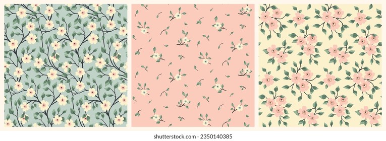 Seamless floral pattern, liberty ditsy print with cute tiny plants in the set. Pretty botanical design, background: small hand drawn flowers, leaves, branches, spring garden. Vector illustration.