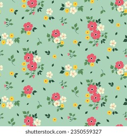 Seamless floral pattern, liberty ditsy print with simple small plants. Cute botanical design: tiny hand drawn daisy flowers, leaves, pretty bouquets on a blue background. Vector illustration.