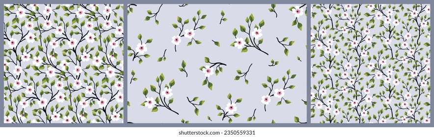 Seamless floral pattern, liberty ditsy print with cute spring twigs in the set. Pretty simple botanical design: small hand drawn branches, white flowers, tiny leaves on a light blue background. Vector