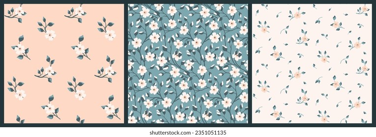 Seamless floral pattern, liberty ditsy print with tiny cute flowers in collection. Simple pretty botanical design, background: hand drawn small branches, mini flowers, leaves in pastel colors. Vector.