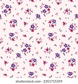 Seamless floral pattern, liberty ditsy print with drawing of mini cute plants. Pretty botanical design: small hand drawn daisy flowers, tiny leaves, bunches on a light background. Vector illustration.