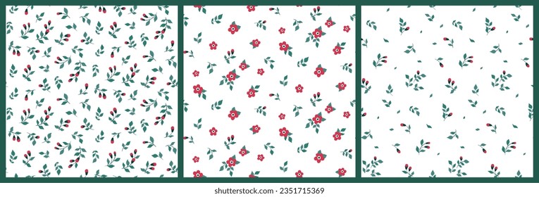 Seamless floral pattern, liberty ditsy print with simple mini plants in collection. Cute botanical design, ornament: small hand drawn red flowers, tiny twigs, leaves on a white background. Vector.