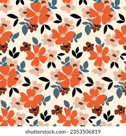 Seamless floral pattern, liberty ditsy print with vintage motif. Beautiful botanical design, pretty flower ornament: small hand drawn flowers, tiny leaves, bouquets on a white background. Vector.