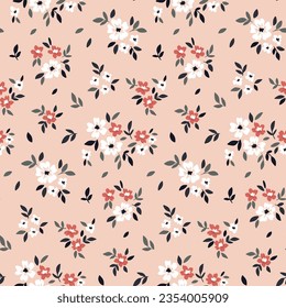 Seamless floral pattern, liberty ditsy print with mini cute botany in vintage style. Romantic botanical design: small hand drawn daisy flowers, tiny leaves, bouquets on pink field. Vector illustration