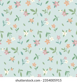 Seamless floral pattern, liberty ditsy print of cute mini daisies. Pretty botanical design, simple spring ornament: small hand drawn flowers, tiny leaves on light blue background. Vector illustration.