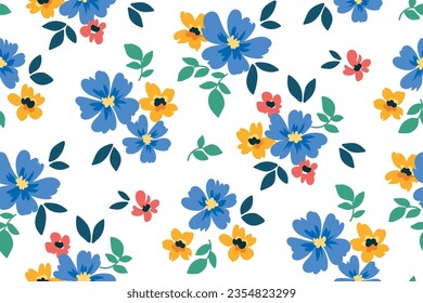 Seamless floral pattern, liberty ditsy print with drawing plants in folk style. Cute botanical design: hand drawn small colorful flowers, tiny leaves, simple bouquets on a white background. Vector.