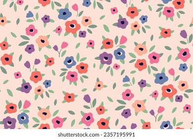 Seamless floral pattern, liberty ditsy print with mini pretty plants, hand drawn meadow. Cute botanical design, fond background: simple small daisy flowers, tiny leaves on a light field. Vector.