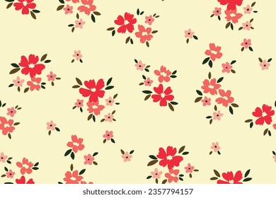 Seamless floral pattern, liberty ditsy print of mini cute daisy buds. Romantic botanical design with simple hand drawn plants: small red, pink flowers, tiny leaves on a light background. Vector.