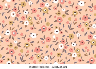 Seamless floral pattern, liberty ditsy print with cute gentle meadow. Pretty simple botanical design in pastel colors: small hand drawn flowers, tiny leaves are scattered on a light background. Vector