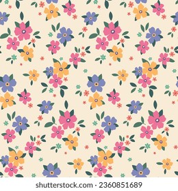 Seamless floral pattern, liberty ditsy print with pretty mini flowers. Cute botanical design: colorful blooming meadow, small hand drawn flowers, tiny leaves scattered on a light background. Vector.
