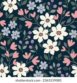 Seamless floral pattern, liberty ditsy print of pretty forest meadow. Cute botanical design: small hand drawn wild flowers, leaves, berries, herbs on a dark background. Vector illustration.