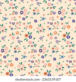 Seamless floral pattern, liberty ditsy print with pretty gentle meadow. Cute botanical design with simple small plants: tiny hand drawn flowers, mini leaves on a light background. Vector illustration.