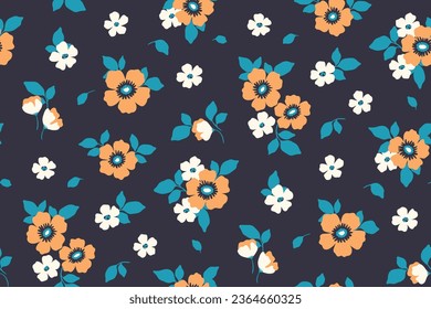 Seamless floral pattern, liberty ditsy print of small plants with retro motif. Cute botanical design: tiny hand drawn flowers, leaves, bouquets, pretty autumn meadow on a dark black background. Vector