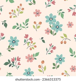 Seamless floral pattern, liberty ditsy print with cute small plants. Pretty botanical design, spring ornament: tiny hand drawn wild flowers, leaves on a white field. Vector illustration.