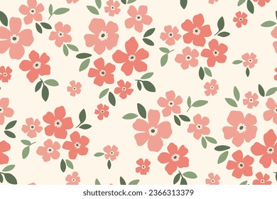 Seamless floral pattern, liberty ditsy print with a romantic delicate meadow. Cute botanical design with simple plants: small hand drawn pink flowers, tiny leaves on a white background. Vector.