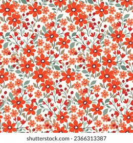 Seamless floral pattern, liberty ditsy print with small red flowers in vintage style. Elegant botanical design with hand drawn meadow: tiny flowers, leaves, twigs on a white field. Vector illustration