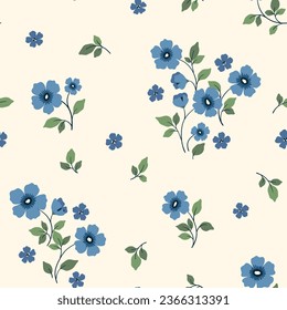 Seamless floral pattern, liberty ditsy print with a romantic rustic motif. Pretty botanical design, ornament: small hand drawn blue flowers on branches, leaves on white background. Vector illustration