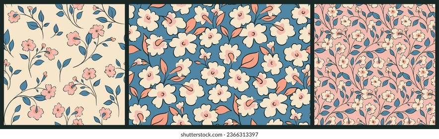 Seamless floral pattern, liberty ditsy print with spring retro motif in a collection. Cute botanical design of hand drawn blooming plants: small flowers branches, leaves, different backgrounds. Vector