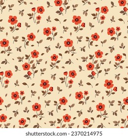 Patrón floral sin brillo, impresión de color marrón con elegante motivo vintage. Bonito diseño botánico con flores rojas: flores dibujadas a mano, hojas diminutas, tallos en un campo de luz. Ilustración del vector