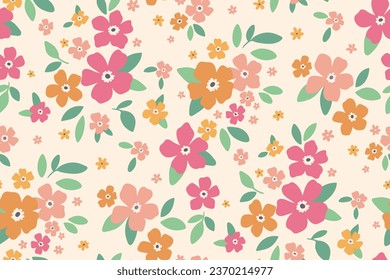 Seamless floral pattern, liberty ditsy print with cute spring meadow. Pretty botanical design with simple hand drawn daisies: small delicate flowers, tiny leaves on a light background. Vector.