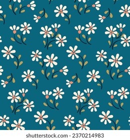 Seamless floral pattern, liberty ditsy print of simple decorative daisies with a retro motif. Cute botanical design: small hand drawn flowers, tiny leaves on a blue field. Vector illustration.