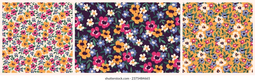 Seamless floral pattern, liberty ditsy print with simple small flowers in the collection. Cute botanical design: tiny hand drawn flowers, leaves, petty spring summer meadow. Vector illustration.