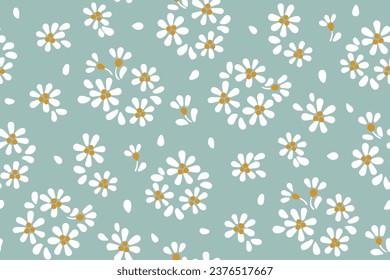 Seamless floral pattern, liberty ditsy print with vintage rustic motif. Cute botanical design for fabric, paper: small hand drawn daisy flowers, tiny leaves on a blue field. Vector illustration.