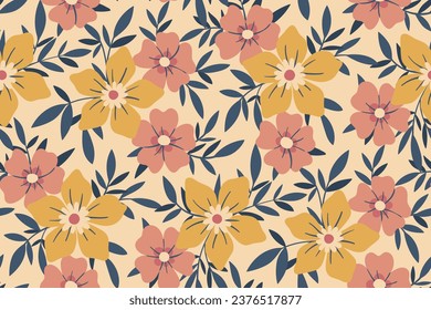 Seamless floral pattern, liberty ditsy print with a delicate vintage motif. Gentle botanical design of fabric, textile: small hand drawn flowers, leaves on a light surface. Vector illustration.