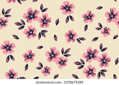 Seamless floral pattern, liberty ditsy print with simple small flowers in vintage style. Cute botanical design: tiny hand drawn plants, purple flowers, leaves on a light field. Vector illustration.