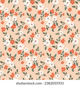 Seamless floral pattern, liberty ditsy print of small cute flowers. Pretty botanical design with rustic motif: tiny hand drawn flowers, leaves, romantic meadow on pink background. Vector illustration.