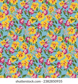 Seamless floral pattern, liberty ditsy print of cute colorful garden. Botanical design with vintage motif: simple small plants, tiny hand drawn flowers, leaves on blue background. Vector illustration.