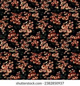 Nahtlose Blumenmuster, freier Farbdruck mit dunkler Vintage-Wiese aus Farbflecken. Botanisches Design mit einfachen Pflanzen: kleine, handgezeichnete Blumen, winziges Gras auf dunkelschwarzem Hintergrund. Vektorgrafik.
