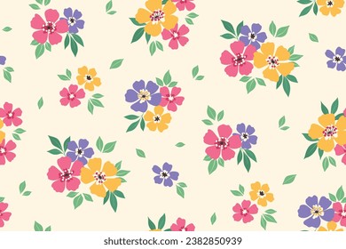 Seamless floral pattern, liberty ditsy print with simple summer meadow. Cute botanical design, colorful decor: small hand drawn daisy flowers, tiny leaves, bouquets on a white background. Vector.