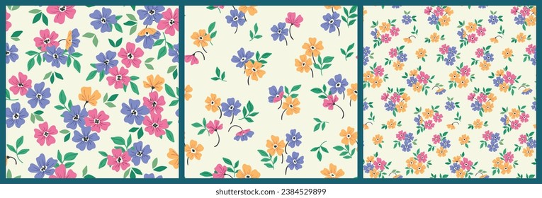 Seamless floral pattern, liberty ditsy print with mini cute flowers. Colorful botanical design: small hand drawn flowers, tiny leaves, simple bouquets on a white background. Vector illustration.