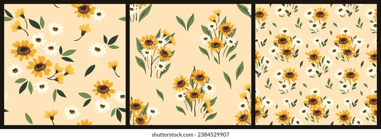 Seamless floral pattern, liberty ditsy print with mini sunflowers in the collection. Cute botanical design: simple hand drawn plants, small wild flowers, leaves, light background. Vector illustration.