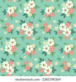 Seamless floral pattern, liberty ditsy print with a romantic motif. Cute botanical design with hand drawn spring flowers: small pretty bouquets, tiny flowers, leaves on blue. Vector illustration.