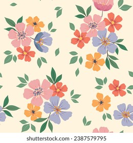 Seamless floral pattern, liberty ditsy print with cute hand drawn bouquets. Pretty botanical design with a rustic, folk motif: small colorful flowers, tiny leaves, on a white background. Vector.