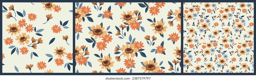 Seamless floral pattern, liberty ditsy print with mini wild flowers in the collection. Delicate botanical design with rustic motif: small hand drawn flowers, tiny leaves on white. Vector illustration.