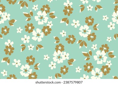 Patrón floral sin brillo, impresión de color marrón de la libertad con un delicado motivo retro. Diseño botánico simple y lindo con pequeñas plantas dibujadas a mano: flores pequeñas, hojas abstractas en turquesa. Ilustración vectorial.